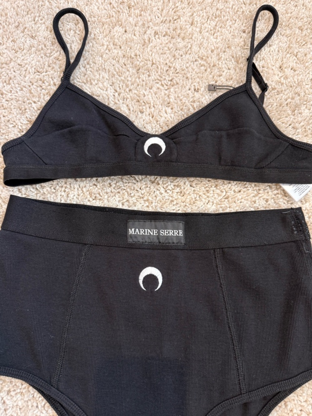 Marine Serre Black Crescent Moon Ribbed Bralette & High-Waist Brief Set View 2